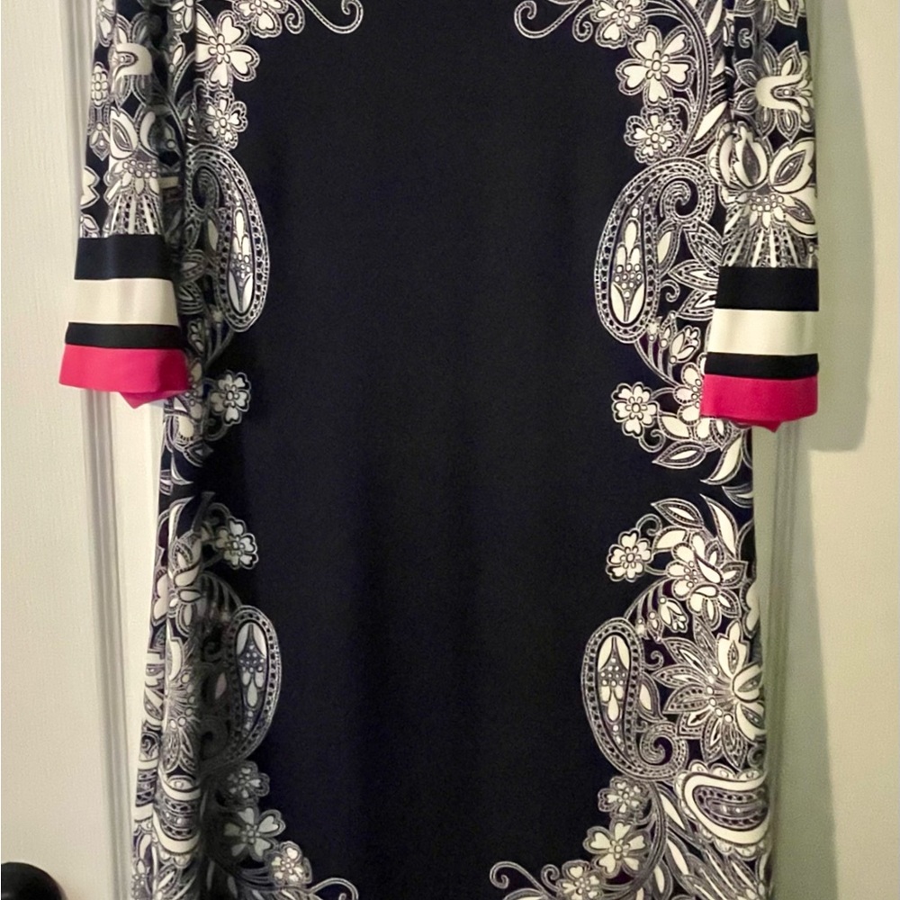 Eliza J Black Shift Dress with White Paisley and Pink Sleeve Trim